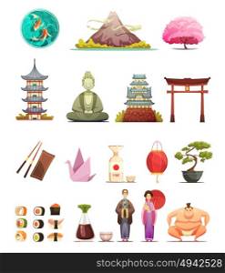 Japan Culture Retro Cartoon Icons Set . Japanese culture traditions cuisine retro cartoon icons collection with cherry blossom bonsai and sumo wrestler isolated vector illustrations