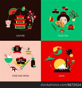 Japan culture tradition food and drink flat set isolated vector illustration