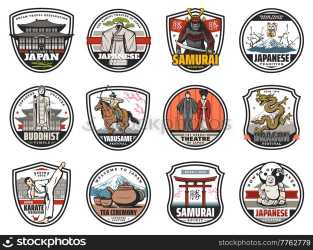 Japan culture, tradition, religion and history vector icons, Japanese travel landmarks. Welcome to Japan badges Tokyo Fuji mount, dragon festival, Buddha temple, samurai warrior and kabuki theater. Japan culture, tradition, religion, history icons