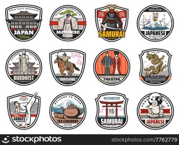 Japan culture, tradition, religion and history vector icons, Japanese travel landmarks. Welcome to Japan badges Tokyo Fuji mount, dragon festival, Buddha temple, samurai warrior and kabuki theater. Japan culture, tradition, religion, history icons