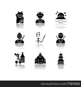 Japan drop shadow black glyph icons set. Maneki neko. Geisha woman. Mount Fuji. Samurai and ninja. Asian calligraphy. Japanese attributes. Isolated vector illustrations on white space