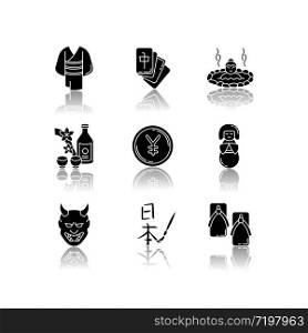 Japan drop shadow black glyph icons set. Yukata, kimono. Mahjong game. Hot springs. Sake, rice wine. Yen coin. Traditional japanese attributes. Isolated vector illustrations on white space