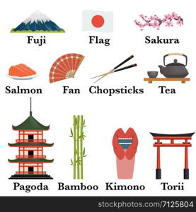 Japan famous symbols icons set, vector illustration