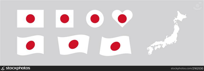 Japan flag set and map. World geography illustration. Vector icon