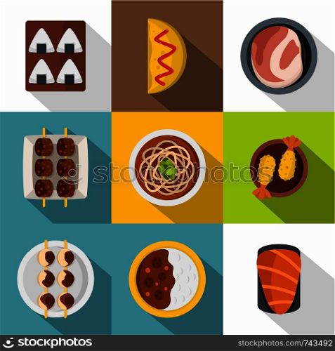 Japan food icon set. Flat style set of 9 japan food vector icons for web design. Japan food icon set, flat style