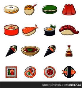 Japan food icons set. Cartoon illustration of 16 japan food vector icons for web. Japan food icons set, cartoon style