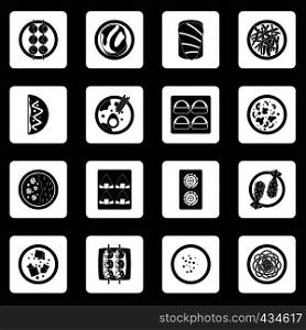 Japan food icons set in white squares on black background simple style vector illustration. Japan food icons set squares vector