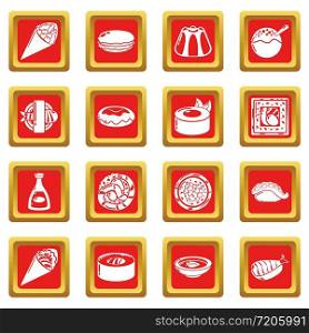 Japan food icons set vector red square isolated on white background . Japan food icons set red square vector