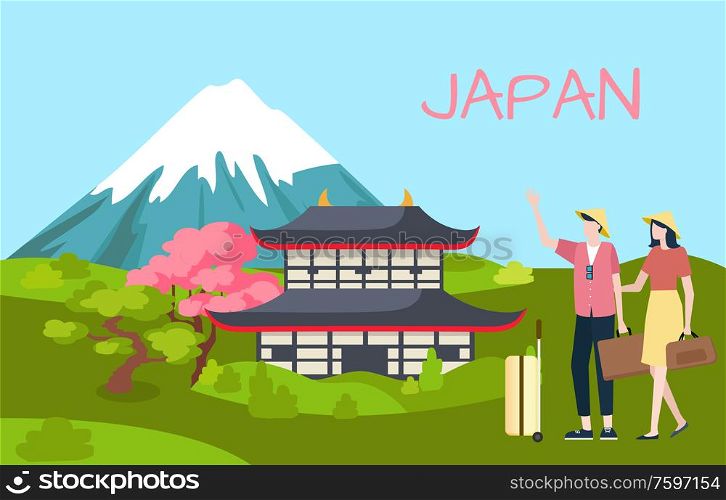 Japan green landscape, traditional asian view sakura tree and kawaguchi near high mountain with white top. Travelers man and woman with bags vector. Kawaguchi and Travelers, Japan Landscape Vector
