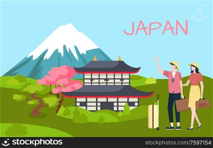 Japan green landscape, traditional asian view sakura tree and kawaguchi near high mountain with white top. Travelers man and woman with bags vector. Kawaguchi and Travelers, Japan Landscape Vector