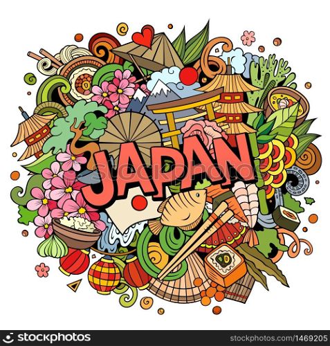 Japan hand drawn cartoon doodles illustration. Funny travel design. Creative art vector background. Handwritten text with Japanese symbols, elements and objects. Colorful composition. Japan hand drawn cartoon doodles illustration. Funny travel design.