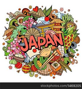 Japan hand drawn cartoon doodles illustration. Funny travel design. Creative art vector background. Handwritten text with Japanese symbols, elements and objects. Colorful composition. Japan hand drawn cartoon doodles illustration. Funny travel design.