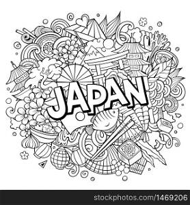Japan hand drawn cartoon doodles illustration. Funny travel design. Creative art vector background. Handwritten text with Japanese symbols, elements and objects.. Japan hand drawn cartoon doodles illustration. Funny travel design.