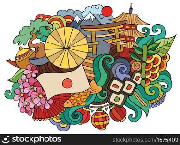 Japan hand drawn cartoon doodles illustration. Funny travel design. Creative art vector background. Japanese symbols, elements and objects. Colorful composition. Japan hand drawn cartoon doodles illustration. Funny travel design.
