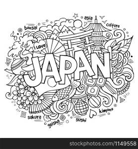 Japan hand lettering and doodles elements background. Vector illustration. Japan hand lettering and doodles elements background