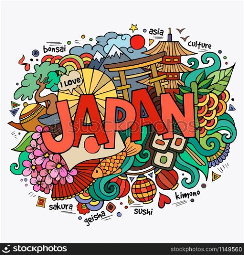 Japan hand lettering and doodles elements background. Vector illustration