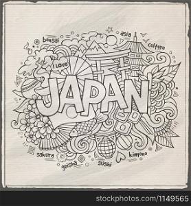 Japan hand lettering and doodles elements background. Vector illustration