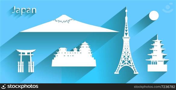 Japan icon or symbol with long shadow, Travel banner with tokyo tower and fuji mountain, Chureito Pagoda, Himeji castle all in silhouette style on blue background, vector illustration