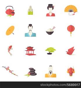 Japan icons flat set with sushi sakura tea geisha isolated vector illustration
