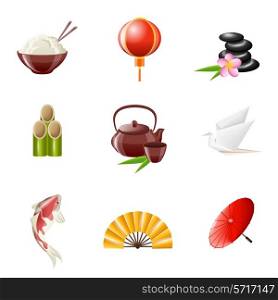 Japan icons realistic set with rice sky lantern stones isolated vector illustration