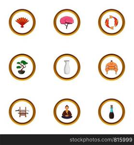 Japan icons set. cartoon style set of 9 japan vector icons for web design. Japan icons set, cartoon style