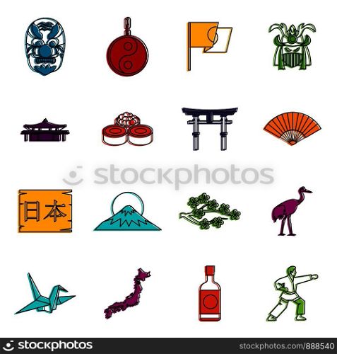 Japan icons set. Doodle illustration of vector icons isolated on white background for any web design. Japan icons doodle set