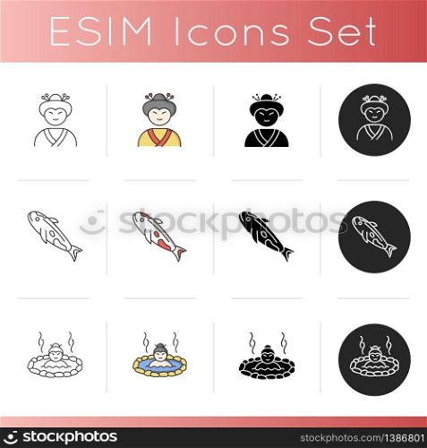 Japan icons set. Geisha woman. Japanese girl in traditional asian attire. Carp koi. White fish with red spot. Hot springs resort. Linear, black and RGB color styles. Isolated vector illustrations. Japan icons set