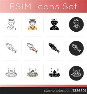 Japan icons set. Geisha woman. Japanese girl in traditional asian attire. Carp koi. White fish with red spot. Hot springs resort. Linear, black and RGB color styles. Isolated vector illustrations. Japan icons set
