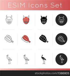 Japan icons set. Hannya face. Noh theater attribute. Sashimi meal. Fish on rice, sushi. Crane bird. Heron standing in pose. Linear, black and RGB color styles. Isolated vector illustrations. Japan icons set. Hannya face