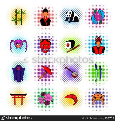 Japan icons set in comics style isolated on white. Japan icons set