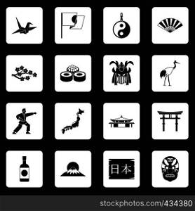 Japan icons set in white squares on black background simple style vector illustration. Japan icons set squares vector