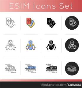Japan icons set. Mahjong, tile based game. Robot toy. Cute cyborg mascot. High speed shinkansen. Bullet train. Tourism transportation. Linear, black and RGB color styles. Isolated vector illustrations. Japan icons set. Mahjong, tile based game