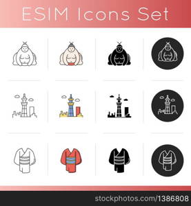 Japan icons set. Sumo wrestler. Sky tree Tokyo tower. Kimono dress. Yukata clothing. Asian traditional attributes. Linear, black and RGB color styles. Isolated vector illustrations. Japan icons set. Sumo wrestler