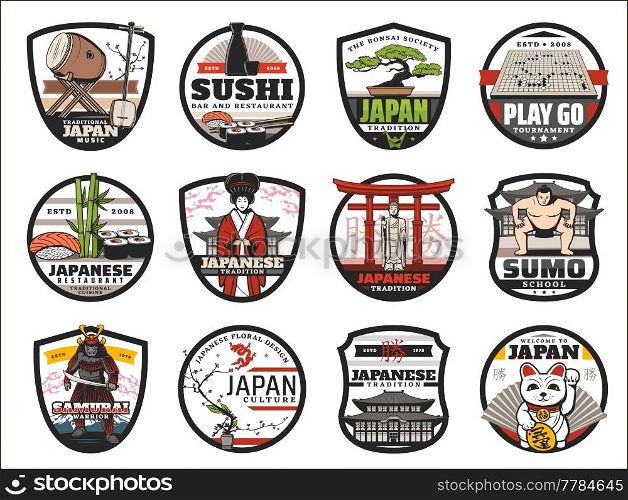 Japan isolated icons with vector Japanese sushi food, bonsai and samurai, geisha, sake and sakura, pagoda, drum and torii gate. Japanese travel landmark, oriental culture and Asian tradition badges. Japan icons, Japanese sushi food, bonsai, samurai
