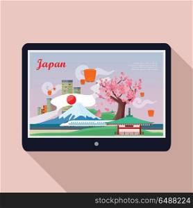 Japan Landmark on Tablet Screen. Japan landmark on tablet screen. Welcome to Japan. Japan tourism poster design with attractions. Japan travel poster design in flat with long shadow. Travel composition with famous landmarks.
