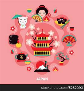 Japan Landmarks Design cCmposition . Japan landmarks design composition with historic building in center and traditional symbols of nature and culture around flat vector illustration