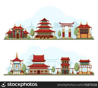Japan landscape. Traditional china cultural buildings architecture template pagoda palace vector background illustration. Japan building landmark, architecture palace pagoda. Japan landscape. Traditional china cultural buildings architecture template pagoda palace vector background illustration