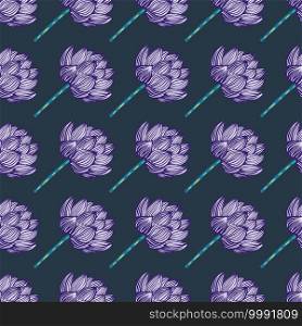 Japan nature flora seamless pattern with purple contoured lotus flowers shapes. Dark navy blue background. Great for fabric design, textile print, wrapping, cover. Vector illustration.. Japan nature flora seamless pattern with purple contoured lotus flowers shapes. Dark navy blue background.