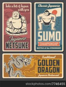 Japan netsuke, sumo tournament and restaurant retro poster. Hotei Buddha statue, sumo wrestler and japanese dragon vector. Japan culture, national sport and cuisine tourist attractions vintage banners. Japan netsuke, sumo and restaurant retro posters