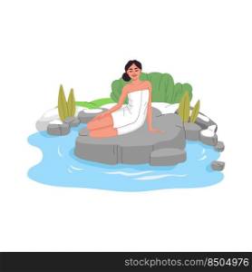 Japan onsen hot spring bath tub. Woman with towel relaxing in thermal pool of vector japanese spa. Cartoon outdoor sauna bathtub with rocks, hot water, steam and green plants, onsen spa resort tours. Japan onsen, woman in towel relax in spring bath