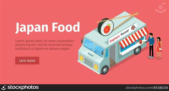Japan or Chinese Food Truck Isometric Projection. Japan food truck isometric projection style design icon. Street fast food concept. Food trolley with sushi and stickers on top. Isolated on red background. Chinese mobile shop. Vector illustration