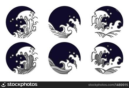 Japan oriental wave line in dark round shape vector set collection. Traditonal vintage style.