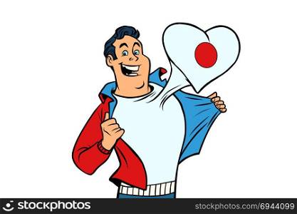 Japan patriot male sports fan flag heart. isolated on white background. Comic book cartoon pop art retro illustration. Japan patriot isolated on white background