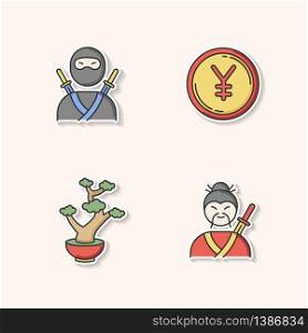 Japan printable patches. Ninja warrior. Yen coin. Bonsai tree in pot. Samurai, asian martial arts. Traditional japanese symbols RGB color stickers, pins and badges set. Vector isolated illustrations. Japan printable patches. Ninja warrior. Yen coin