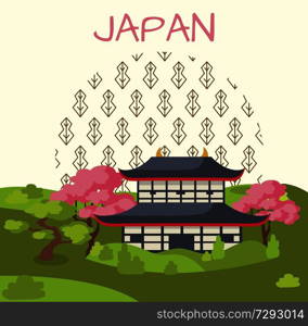 Japan promo poster with traditional house with curved roof surrounded with sakura trees and thick grass on beige background with pattern in circle.. Japan Promotional Poster with Traditional House