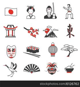 Japan Red Black Icons Set . Japan red black icons set with culture and traditions symbols flat isolated vector illustration