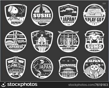 Japan religion, history and culture, Japanese sushi cuisine, travel landmarks vector icons. Japanese music instruments, temple architecture, sushi restaurant, samurai armor museum and sumo school. Japan religion, history and culture, sushi icons