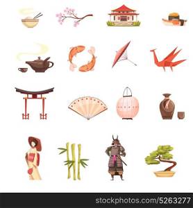 Japan Retro Cartoon Icons Set. Japan retro cartoon icons set with shrine sakura geisha samurai origami bonsai and bamboo isolated vector illustration