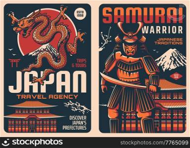 Japan retro travel posters with Japanese landmarks, culture and traditions,. Tours to Fuji mount and Torii gate, Buddhism pagoda with sakura, samurai warrior and dragon. Japan retro travel posters with Japanese landmarks