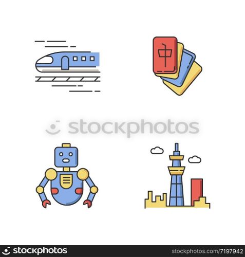 Japan RGB color icons set. Asian bullet train, shinkansen. Mahjong game. Robot part. Sky tree tower. Urban cityscape. Traditional japanese attributes. Isolated vector illustrations